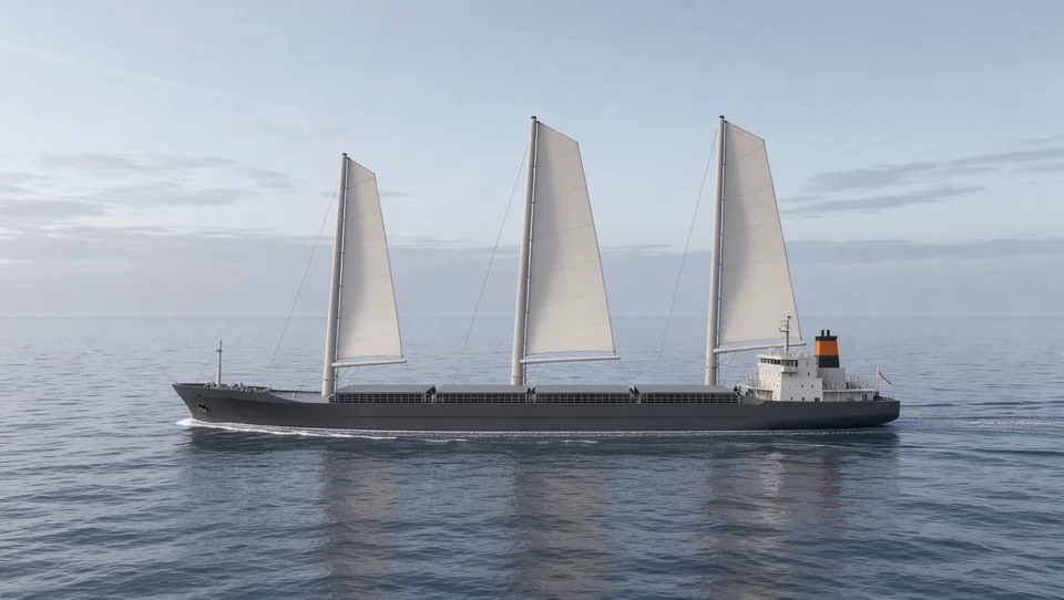 A sail-powered cargo ship at sea